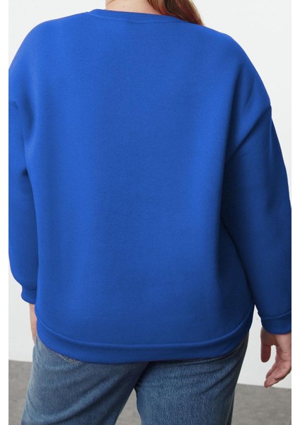 Büyük Beden Oversize Bisiklet Yaka Mavi Rahat Kesim Basic Kalın Polarlı Örme Sweatshirt indirimleri