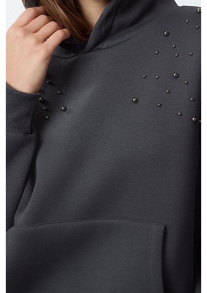 Tarz Relaxed Kapüşonlu Düşük Kol Uzun Taşlı Rahat Kalıp Kalın Içi Polarlı Örme Sweatshirt