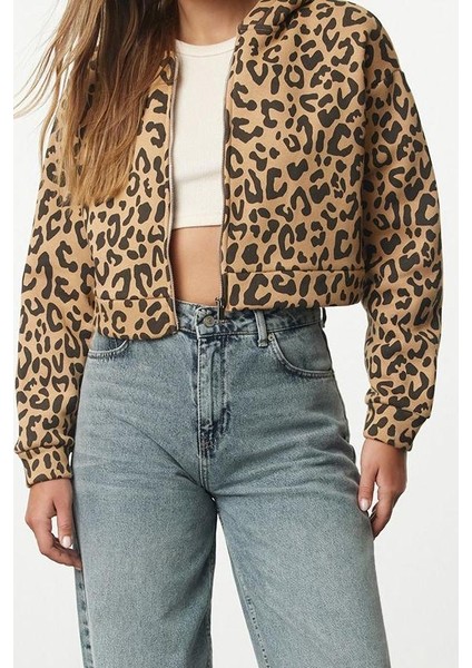 Tarz Crop Fermuarlı Yaka Düşük Kol Crop Animal Leopar Desenli Crop Örme Sweatshirt