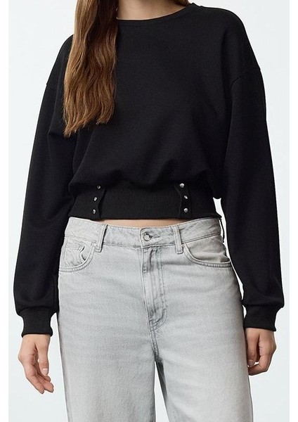 Tarz Bol Bisiklet Yaka Düşük Kol Uzun Çıtçıtlı Rahat Kalıp Crop Kalın Örme Sweatshirt fiyatları