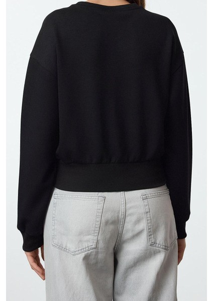 Tarz Bol Bisiklet Yaka Düşük Kol Uzun Çıtçıtlı Rahat Kalıp Crop Kalın Örme Sweatshirt fırsatları