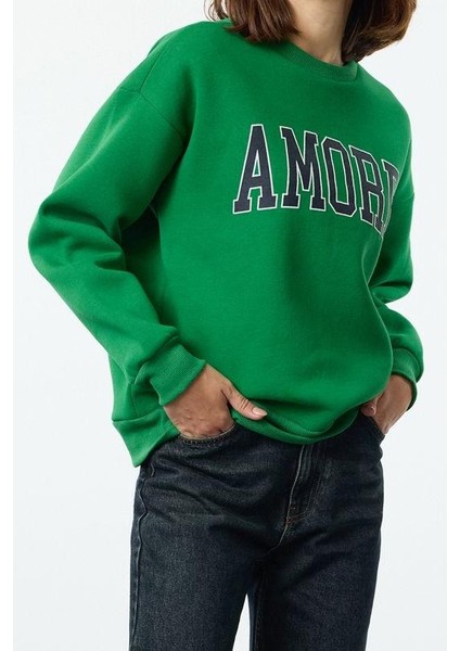 Bol Bisiklet Yaka Düşük Kol Uzun Kalın Içi Polarlı Geniş Kesim Slogan Nakışlı Örme Sweatshirt