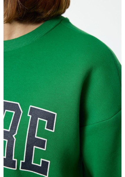 Bol Bisiklet Yaka Düşük Kol Uzun Kalın Içi Polarlı Geniş Kesim Slogan Nakışlı Örme Sweatshirt