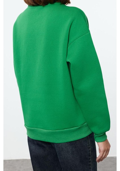 Bol Bisiklet Yaka Düşük Kol Uzun Kalın Içi Polarlı Geniş Kesim Slogan Nakışlı Örme Sweatshirt