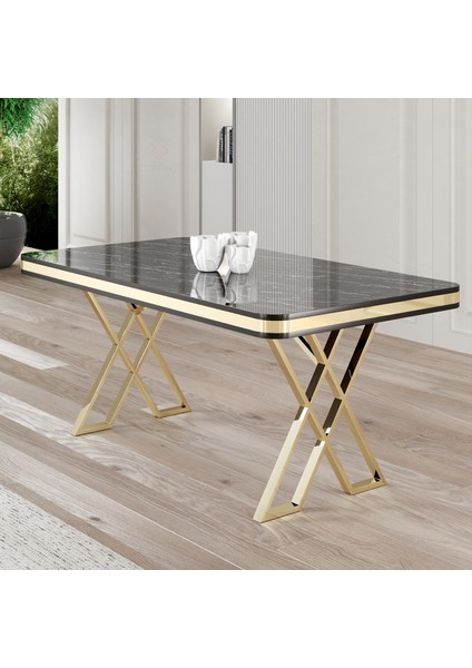 Rigel Serisi 80x130 Lak Panel Siyah Mermer Desen Masa Takımı Gold Ayaklı 4 Sandalye