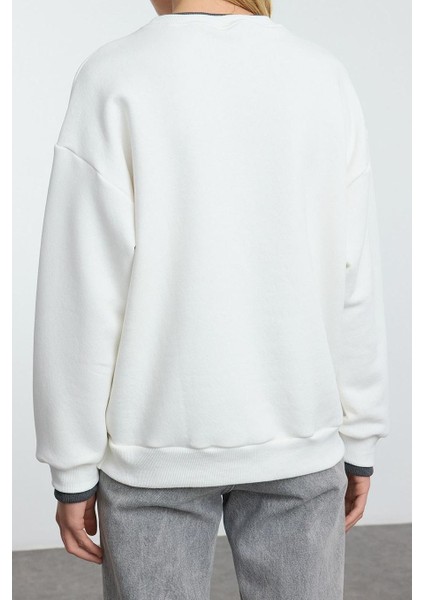 Tarz Bol Bisiklet Yaka Düşük Kol Uzun Slogan Nakışlı Kalıp Kalın Içi Polarlı Örme Sweatshirt fırsatları