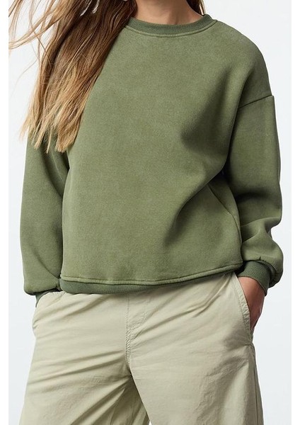 Tarz Bol Bisiklet Yaka Düşük Kol Uzun Eskitme Kalın Içi Polarlı Geniş Kalıp Örme Sweatshirt
