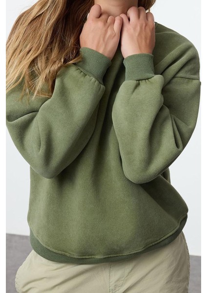 Tarz Bol Bisiklet Yaka Düşük Kol Uzun Eskitme Kalın Içi Polarlı Geniş Kalıp Örme Sweatshirt