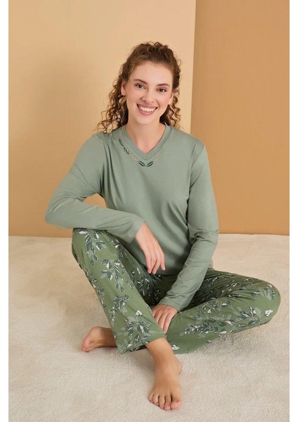 3113 Rozalinda Kadın V Yaka Uzun Kollu Pijama Takımı-Yeşil