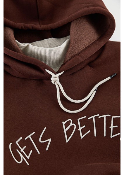 Büyük Beden Tarz Relaxed Kapüşonlu Düşük Kol Regular Örme Sweatshirt