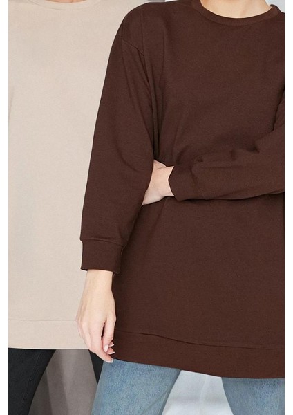 Tesettür Tarz Regular Bisiklet Yaka Düşük Kol Uzun 2li Paket Basic Örme Sweatshirt