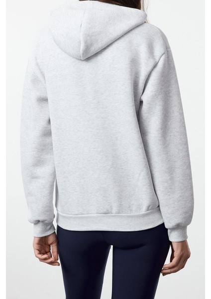 Kapüşonlu Düşük Kol Uzun Kalın Polarlı Kanguru Cepli Slogan Baskılı Örme Sweatshirt