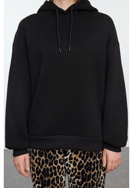 Kadın Moda Şık Bol Kapüşonlu Düşük Kol Uzun Fermuar Detaylı Kalıp Kalın Içi Polarlı Örme Sweatshirt