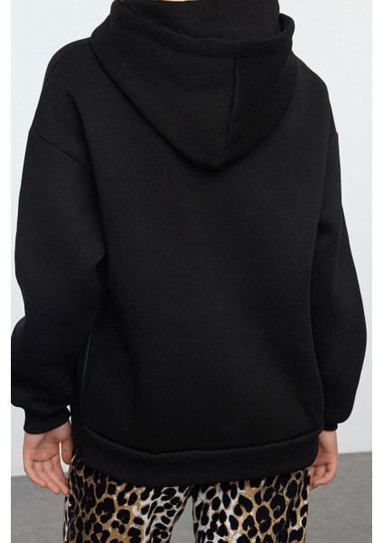 Kadın Moda Şık Bol Kapüşonlu Düşük Kol Uzun Fermuar Detaylı Kalıp Kalın Içi Polarlı Örme Sweatshirt indirimleri