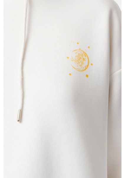 Tarz Bol Kapüşonlu Düşük Kol Uzun Kalın Içi Polarlı Baskılı Geniş Kalıp Örme Sweatshirt modelleri