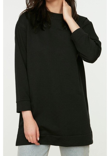 Tesettür Tarz Regular Bisiklet Yaka Standart Kol Uzun Yırtmaç Detaylı Basic Örme Sweatshirt