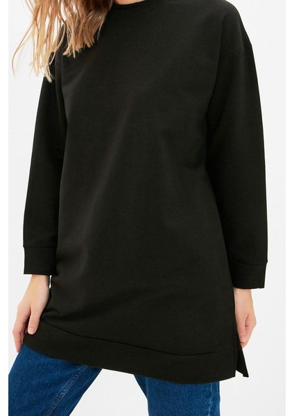 Tesettür Tarz Regular Bisiklet Yaka Standart Kol Uzun Yırtmaç Detaylı Basic Örme Sweatshirt