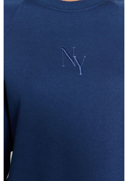 Tarz Regular Bisiklet Yaka Düşük Kol Crop Fit Nakışlı Kalın Içi Polarlı Örme Sweatshirt