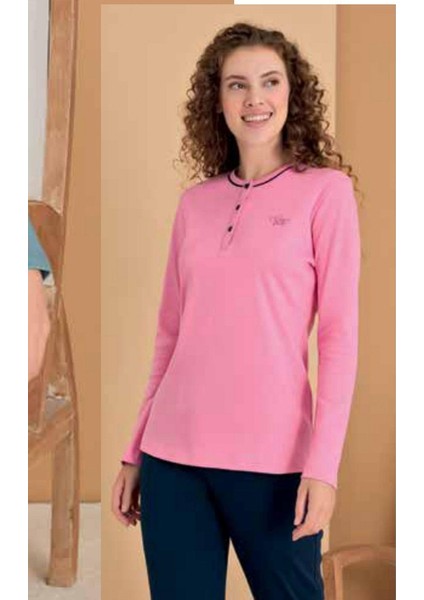 3128 Rozalinda Kadın Büyük Beden Uzun Kollu Yakası Düğmeli Pijama Takımı-Pembe