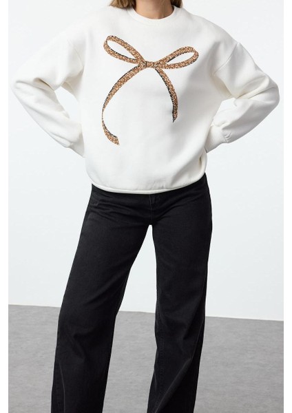 Tarz Bol Bisiklet Yaka Düşük Kol Uzun Baskılı Geniş Kalıp Kalın Içi Polarlı Örme Sweatshirt