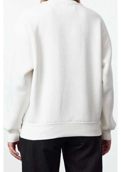 Tarz Bol Bisiklet Yaka Düşük Kol Uzun Baskılı Geniş Kalıp Kalın Içi Polarlı Örme Sweatshirt