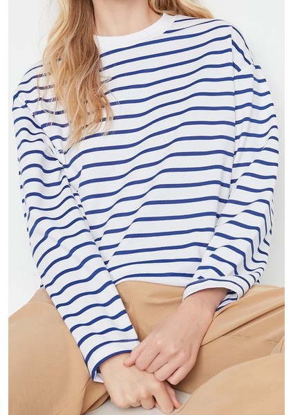 Tarz Oversize Bisiklet Yaka Düşük Kol Uzun Çizgili Geniş Kesim Ince Örme Sweatshirt fiyatları