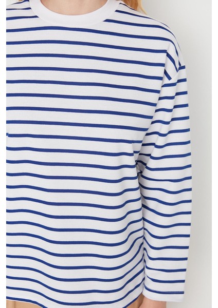 Tarz Oversize Bisiklet Yaka Düşük Kol Uzun Çizgili Geniş Kesim Ince Örme Sweatshirt modelleri