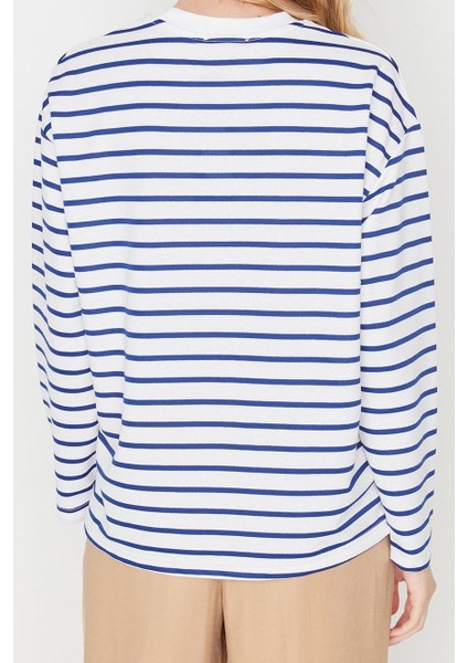 Tarz Oversize Bisiklet Yaka Düşük Kol Uzun Çizgili Geniş Kesim Ince Örme Sweatshirt fırsatları