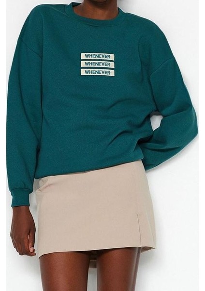 Bisiklet Yaka Düşük Kol Kalın Içi Polarlı Slogan Nakışlı Rahat Kalıp Örme Sweatshirt