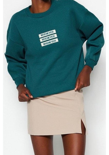 Bisiklet Yaka Düşük Kol Kalın Içi Polarlı Slogan Nakışlı Rahat Kalıp Örme Sweatshirt modelleri