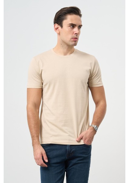 Bej Kısa Kol Düz Bez Ayağı Bisiklet Yaka Casual Slim Fit Tişört 1011240185