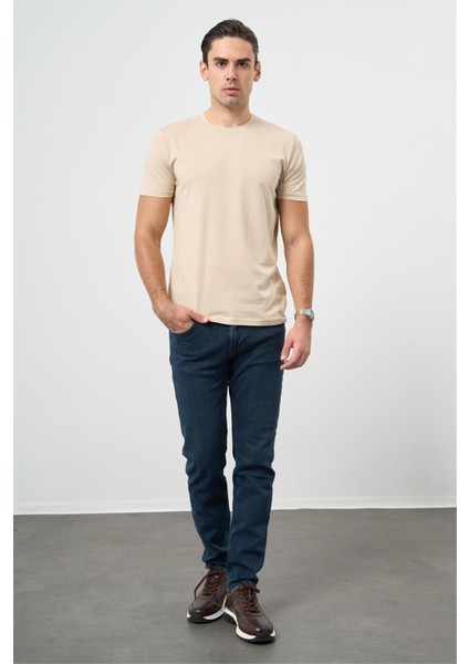 Bej Kısa Kol Düz Bez Ayağı Bisiklet Yaka Casual Slim Fit Tişört 1011240185