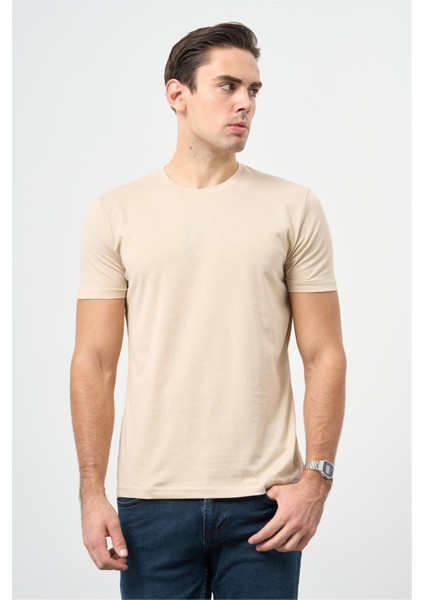 Bej Kısa Kol Düz Bez Ayağı Bisiklet Yaka Casual Slim Fit Tişört 1011240185