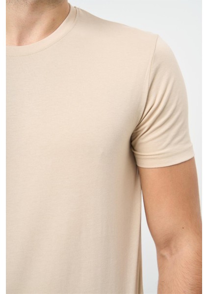 Bej Kısa Kol Düz Bez Ayağı Bisiklet Yaka Casual Slim Fit Tişört 1011240185