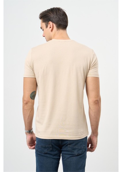 Bej Kısa Kol Düz Bez Ayağı Bisiklet Yaka Casual Slim Fit Tişört 1011240185