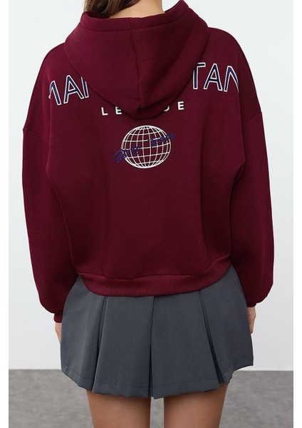 Tarz Relaxed Kapüşonlu Düşük Kol Crop Sırt Baskı Detaylı Kalın Içi Polarlı Örme Sweatshirt