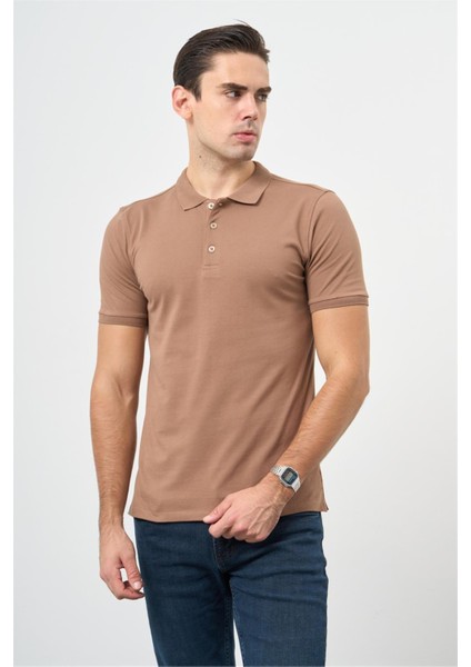 Sütlü Kahverengi Kısa Kol Kendinden Desenli Jakarlı Polo Yaka Casual Comfort Fit Tişört 1011240189