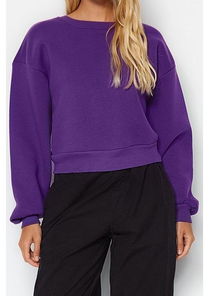 Tarz Crop Dik Yaka Düşük Kol Crop Rahat Kesim Crop Basic Kalın Içi Polarlı Örme Sweatshirt modelleri