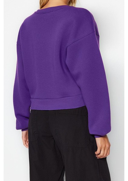 Tarz Crop Dik Yaka Düşük Kol Crop Rahat Kesim Crop Basic Kalın Içi Polarlı Örme Sweatshirt indirimleri