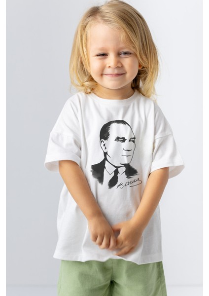 Unisex Çocuk Atatürk Baskılı Kısa Kollu T-Shirt - Beyaz