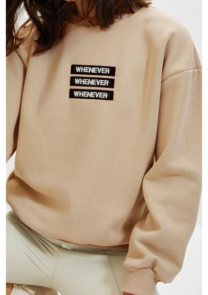 Bisiklet Yaka Düşük Kol Kalın Içi Polarlı Slogan Nakışlı Rahat Kalıp Örme Sweatshirt