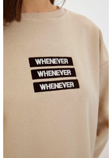 Bisiklet Yaka Düşük Kol Kalın Içi Polarlı Slogan Nakışlı Rahat Kalıp Örme Sweatshirt fiyatları