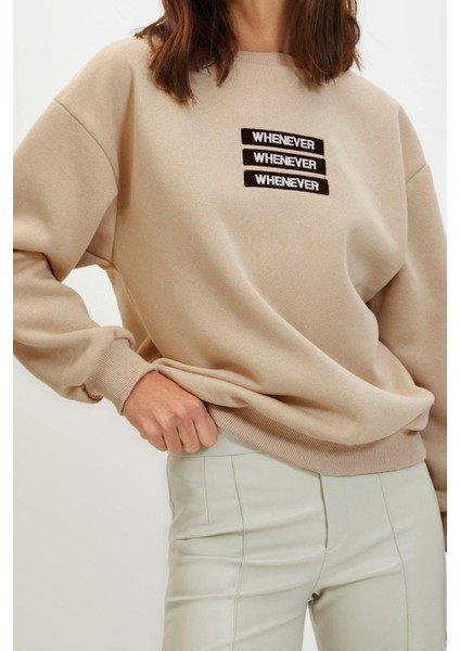 Bisiklet Yaka Düşük Kol Kalın Içi Polarlı Slogan Nakışlı Rahat Kalıp Örme Sweatshirt modelleri