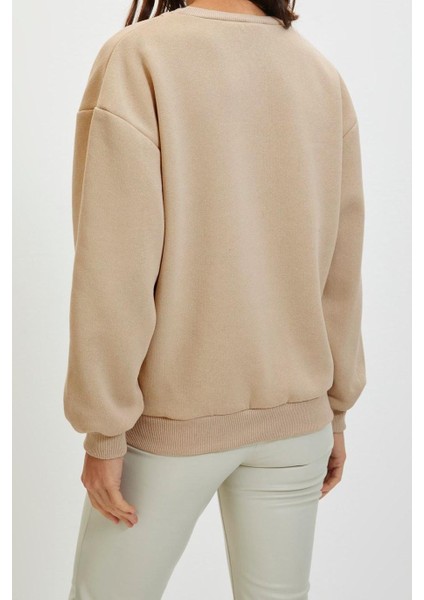 Bisiklet Yaka Düşük Kol Kalın Içi Polarlı Slogan Nakışlı Rahat Kalıp Örme Sweatshirt fırsatları