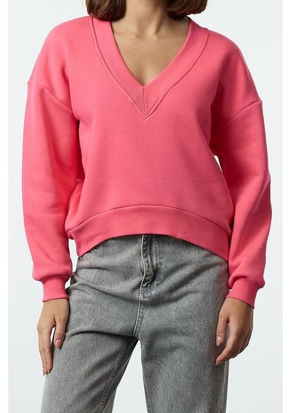 Regular V Yaka Düşük Kol Regular Basic Normal Kalıp V Yaka Kalın Içi Polarlı Örme Sweatshirt fiyatları