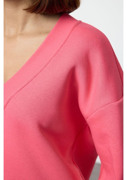 Regular V Yaka Düşük Kol Regular Basic Normal Kalıp V Yaka Kalın Içi Polarlı Örme Sweatshirt modelleri