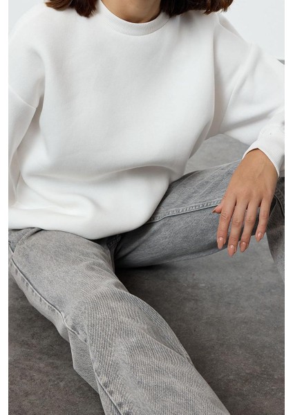 Tarz Oversize Bisiklet Yaka Düşük Kol Uzun Rahat Kesim Basic Kalın Içi Polarlı Örme Sweatshirt
