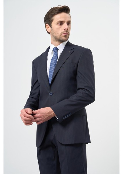 Lacivert Çizgili Mono Yaka Astarlı 6 Drop Slim Fit Dar Kesim Takım Elbise 1001245102
