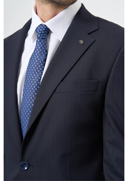 Lacivert Çizgili Mono Yaka Astarlı 6 Drop Slim Fit Dar Kesim Takım Elbise 1001245102