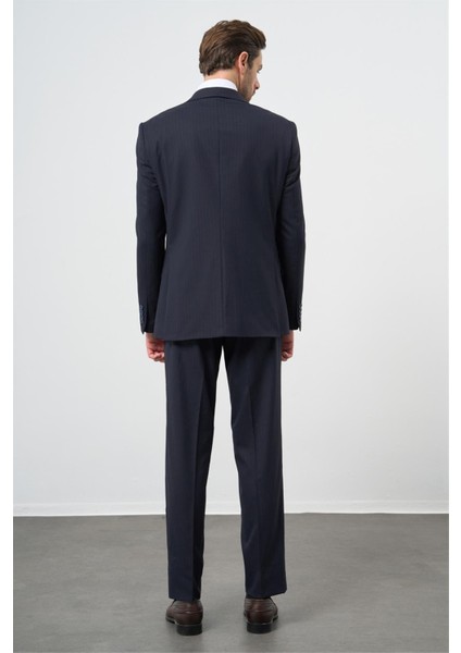 Lacivert Çizgili Mono Yaka Astarlı 6 Drop Slim Fit Dar Kesim Takım Elbise 1001245102